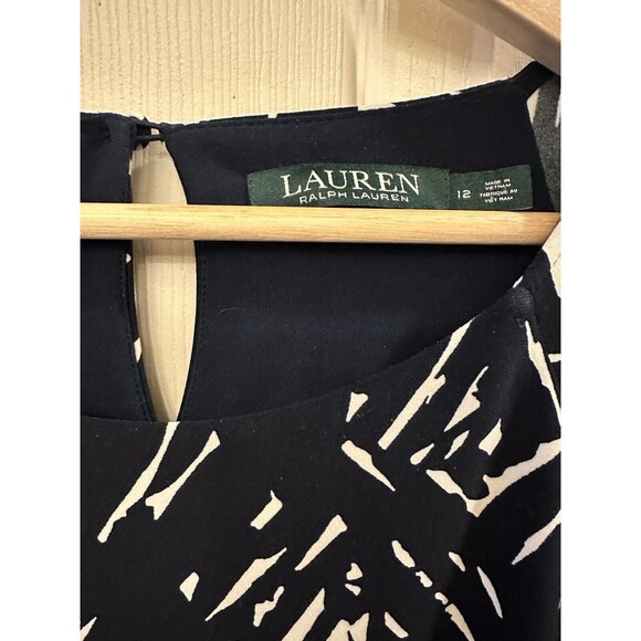 LAUREN RALPH LAUREN Navy Blue White Geometric Size 12 Long‎ Sleeved Lined Dress - Picture 2 of 9